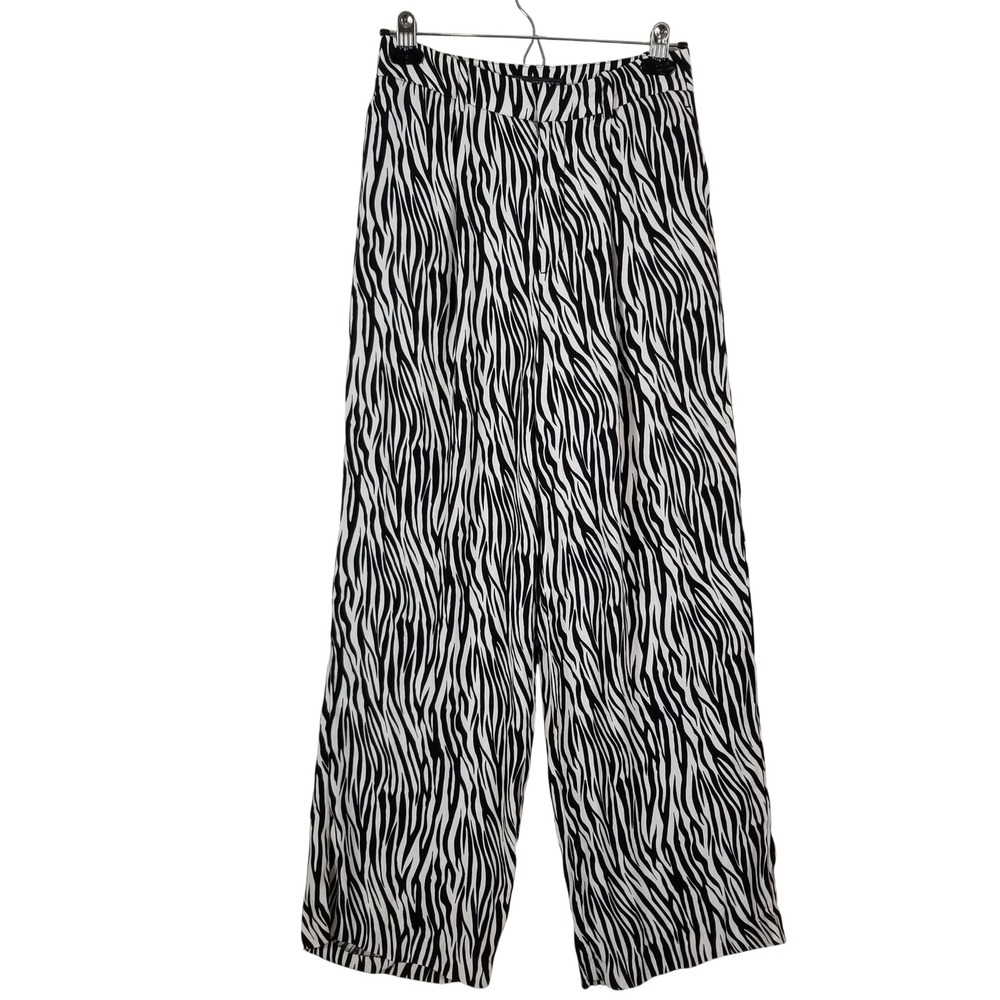ZARA Womens Zebra Print Wide Leg Pants Black White Viscose High Waist Small‎
